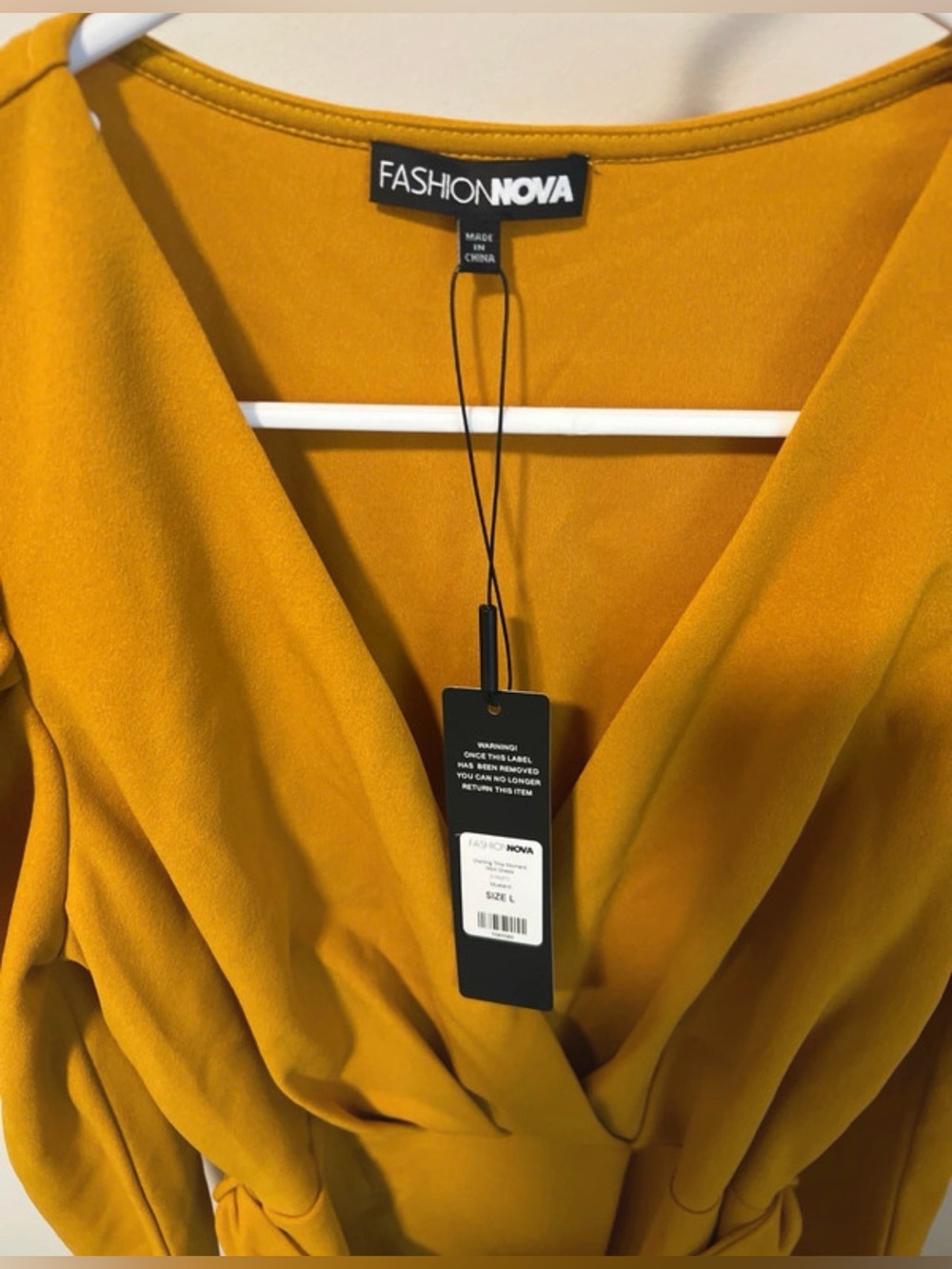 Fashion Nova Mustard Yellow Long Sleeve Wrap Dress. Knee length. large. W/Tags. - Picture 3 of 7